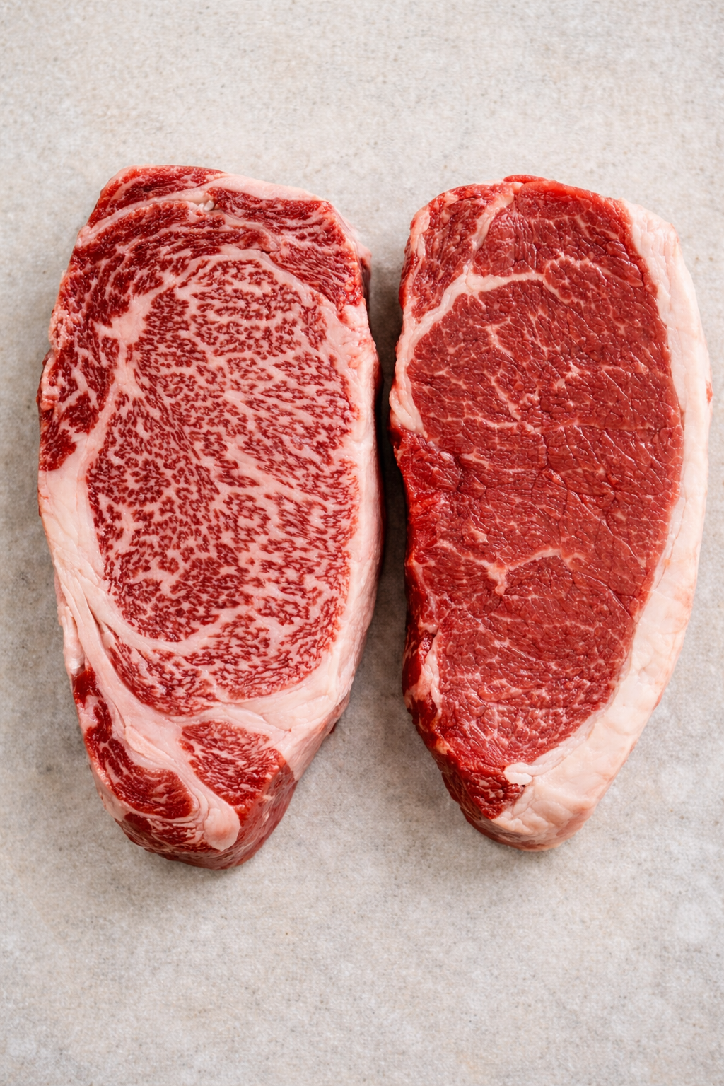 Two raw steaks with marbling on a light gray surface