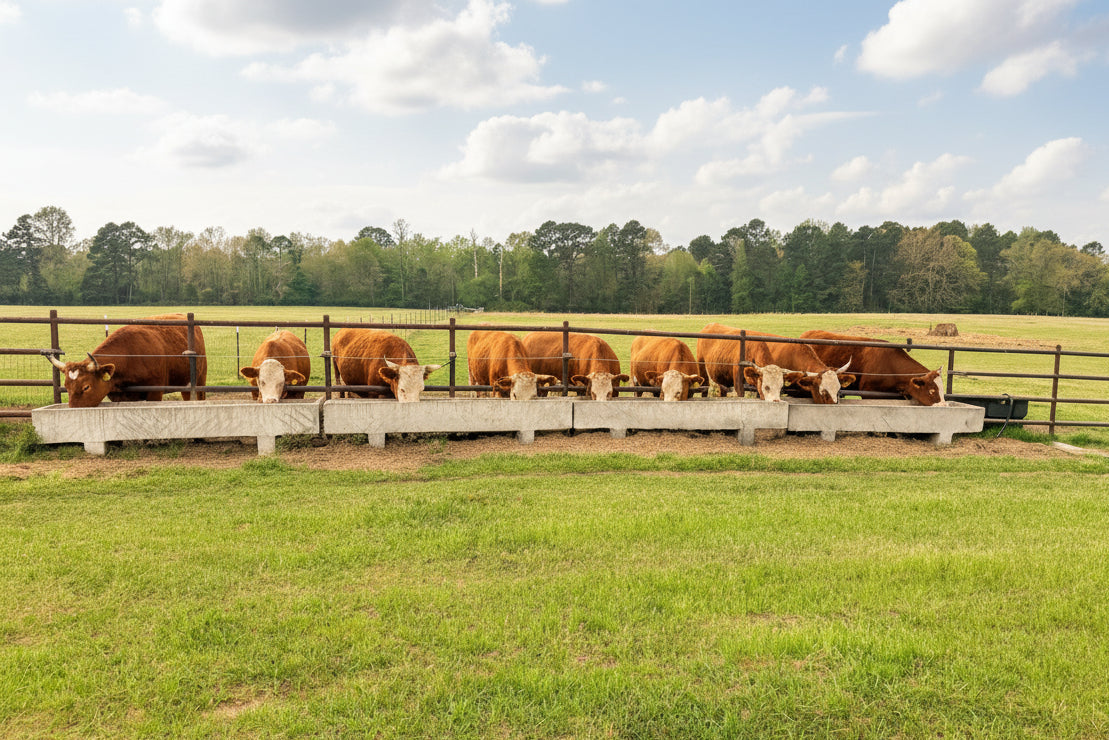 Cows eating from a trough in a grassy field with a fence and trees in the background.